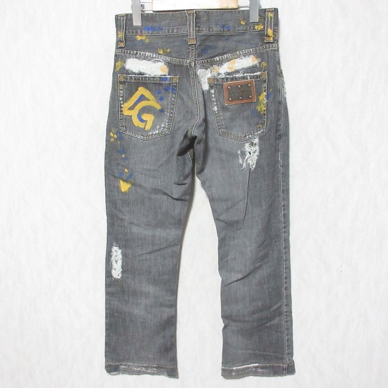 Dolce & Gabbana Painted Crushed Jeans Denim Pants 44 Gray