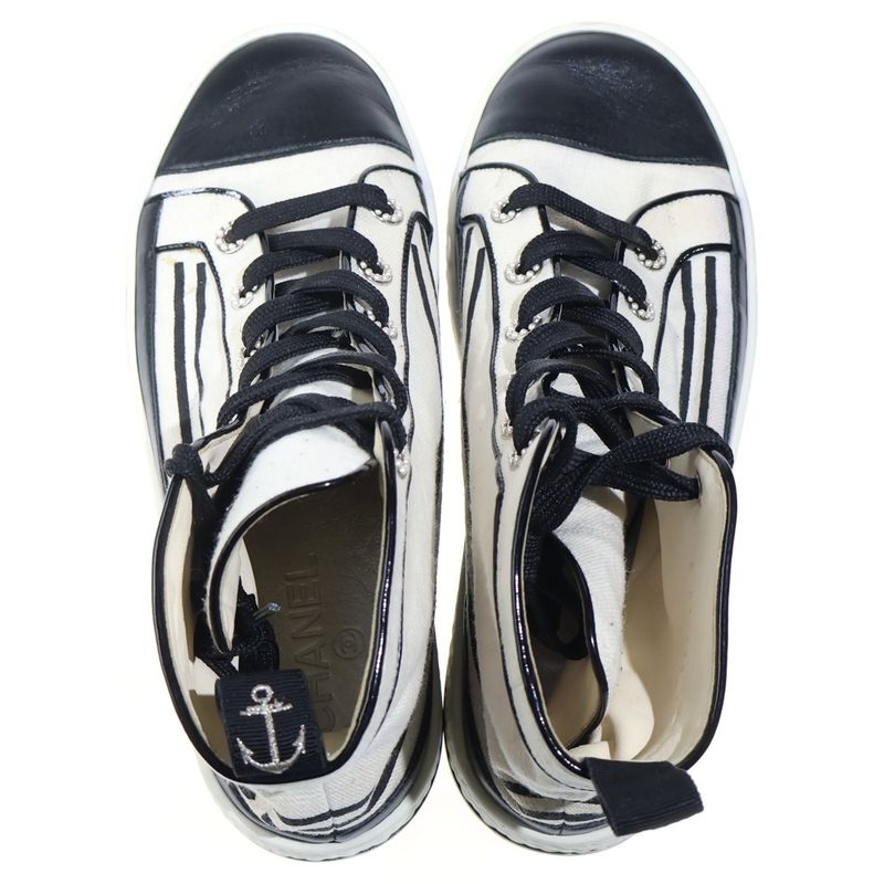 Chanel CC Logo High Cut Canvas Sneakers White Black