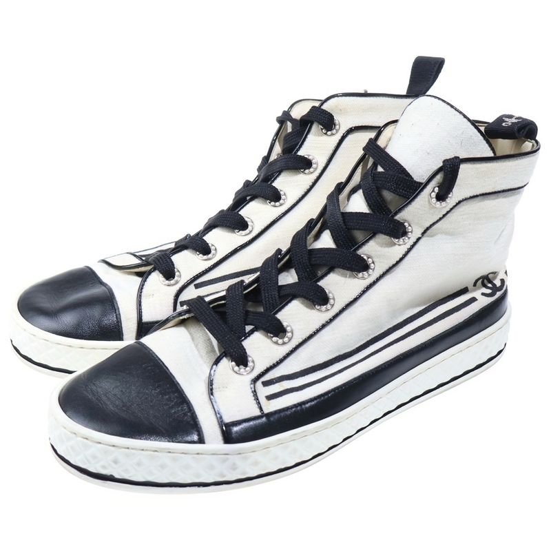 Chanel CC Logo High Cut Canvas Sneakers White Black