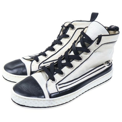 Chanel CC Logo High Cut Canvas Sneakers White Black