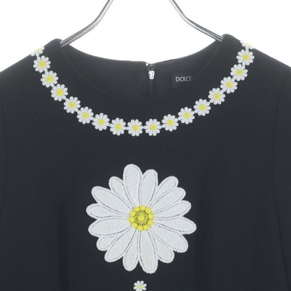 Dolce & Gabbana Flower Daisy Embroidery Wool Half Sleeve Dress Black