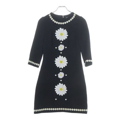 Dolce & Gabbana Flower Daisy Embroidery Wool Half Sleeve Dress Black