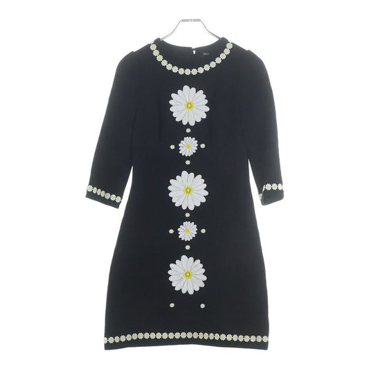 Dolce & Gabbana Flower Daisy Embroidery Wool Half Sleeve Dress Black