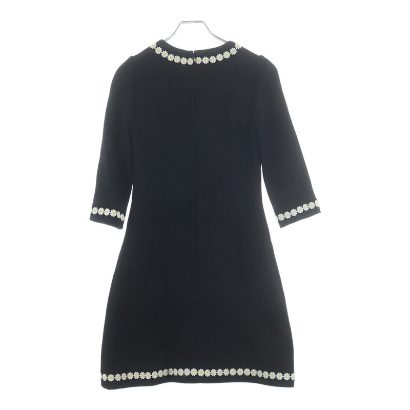 Dolce & Gabbana Flower Daisy Embroidery Wool Half Sleeve Dress Black