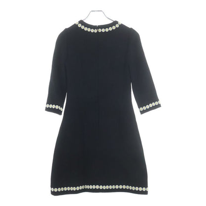 Dolce & Gabbana Flower Daisy Embroidery Wool Half Sleeve Dress Black