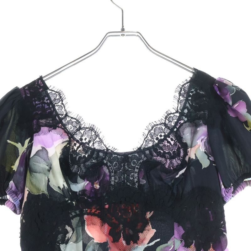 Dolce & Gabbana Flower Pattern Print Lace Cut Replacement Silk Top Black Flat