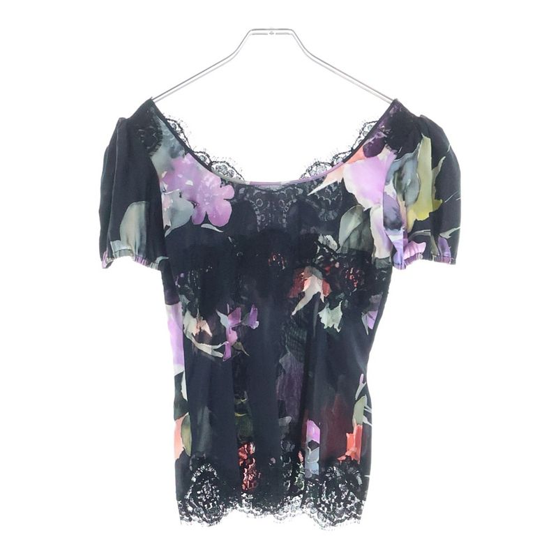 Dolce & Gabbana Flower Pattern Print Lace Cut Replacement Silk Top Black Flat