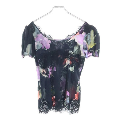 Dolce & Gabbana Flower Pattern Print Lace Cut Replacement Silk Top Black Flat
