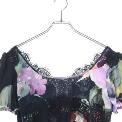 Dolce & Gabbana Flower Pattern Print Lace Cut Replacement Silk Top Black Flat