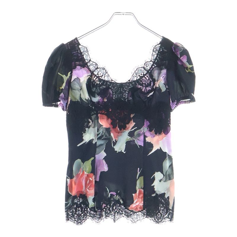 Dolce & Gabbana Flower Pattern Print Lace Cut Replacement Silk Top Black Flat