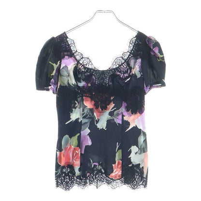 Dolce & Gabbana Flower Pattern Print Lace Cut Replacement Silk Top Black Flat