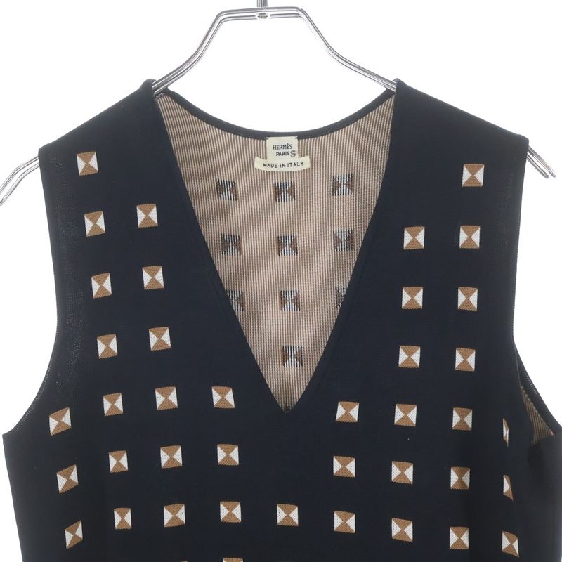 Hermes Medall Allover Pattern Silk Belted Sleeveless Dress Black