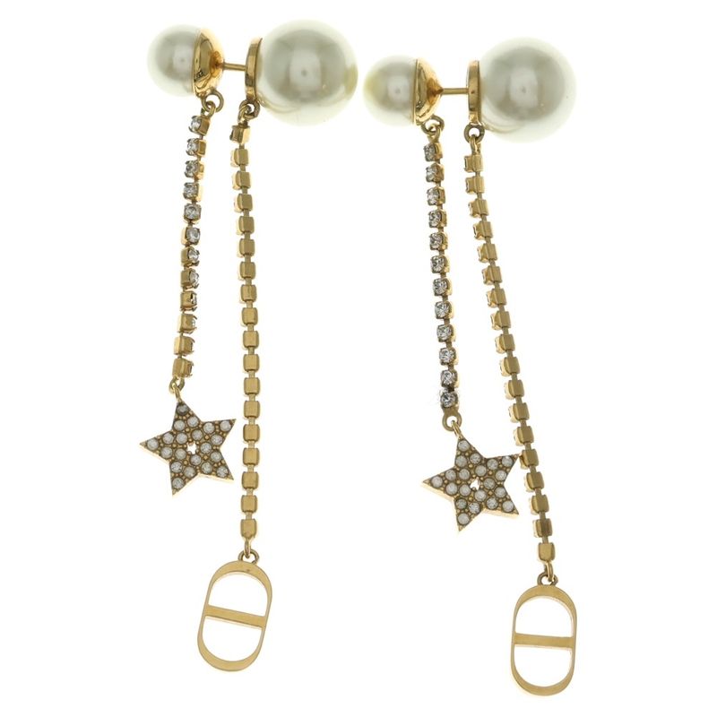 Dior Tribal Faux Pearl CD Logo Earrings Star Rhinestone Gold White