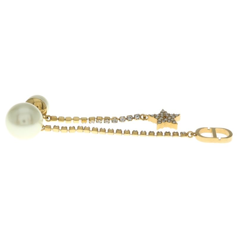 Dior Tribal Faux Pearl CD Logo Earrings Star Rhinestone Gold White