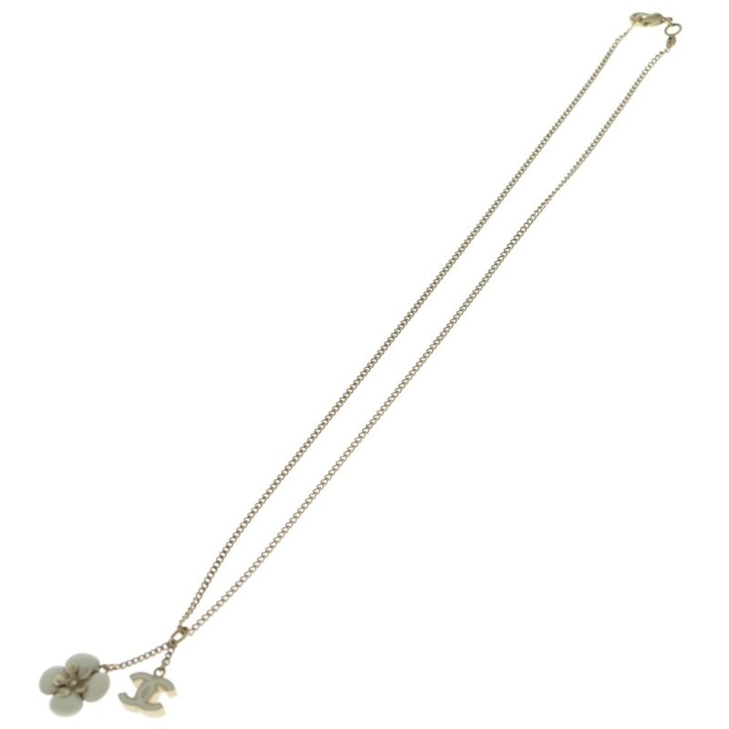 Chanel CC Logo Flower Motif Necklace Pendant Chain Gold White
