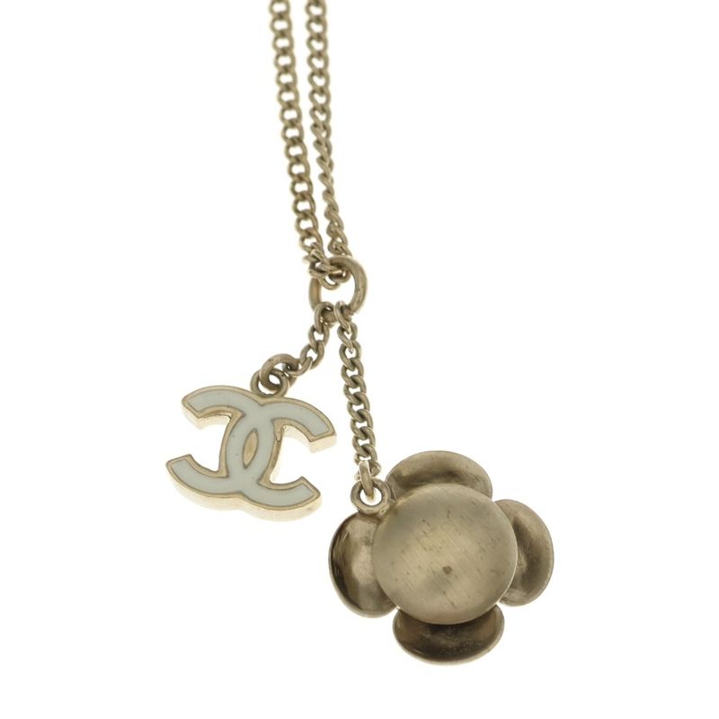 Chanel CC Logo Flower Motif Necklace Pendant Chain Gold White