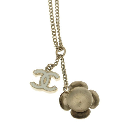Chanel CC Logo Flower Motif Necklace Pendant Chain Gold White