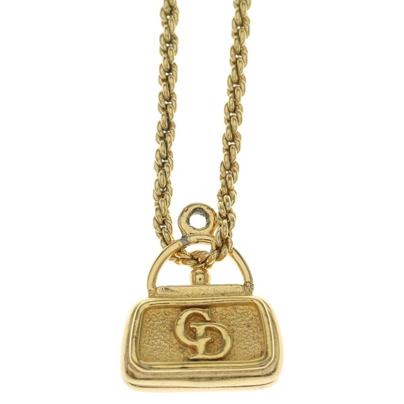 Dior CD Logo Bag Motif Chain Pendant Necklace Gold Plated