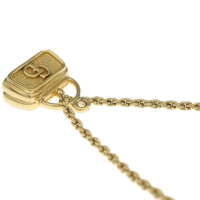 Dior CD Logo Bag Motif Chain Pendant Necklace Gold Plated