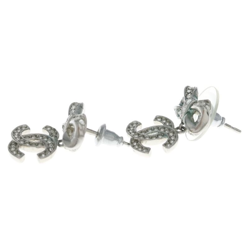 Chanel Rhinestone Ribbon CC Logo Earrings Silver