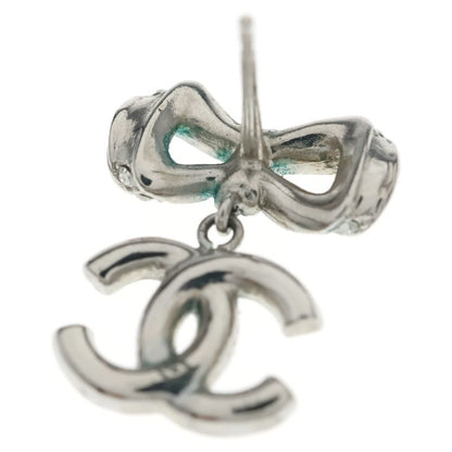Chanel Rhinestone Ribbon CC Logo Earrings Silver