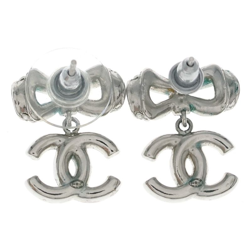 Chanel Rhinestone Ribbon CC Logo Earrings Silver