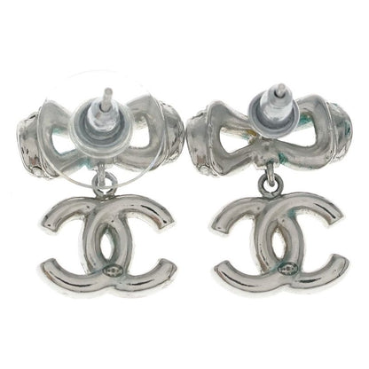 Chanel Rhinestone Ribbon CC Logo Earrings Silver
