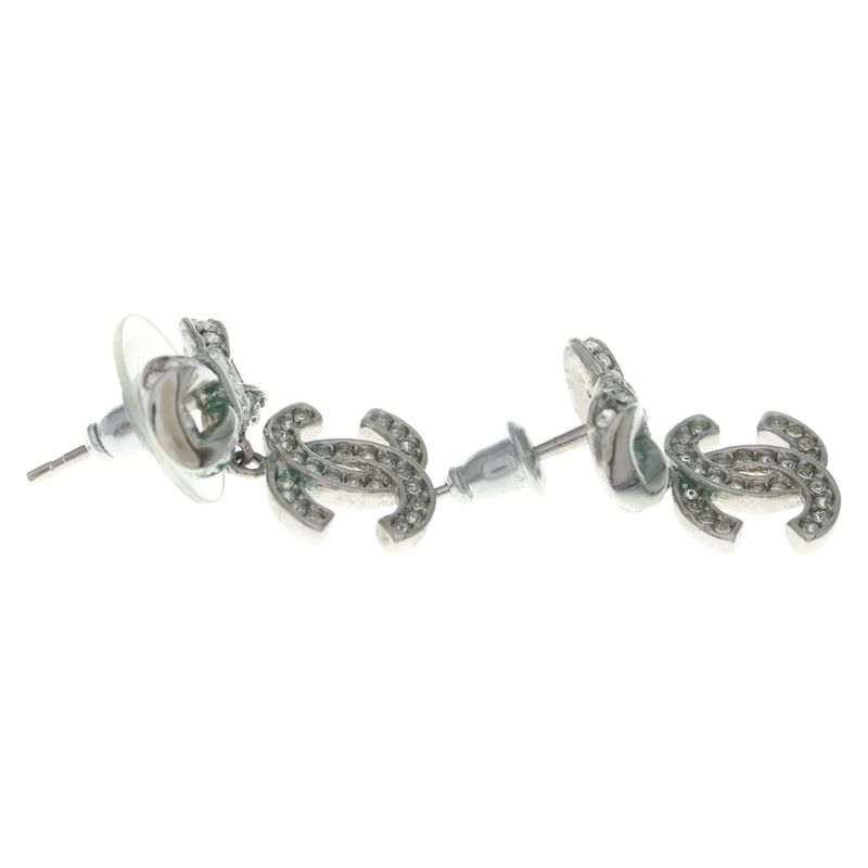 Chanel Rhinestone Ribbon CC Logo Earrings Silver