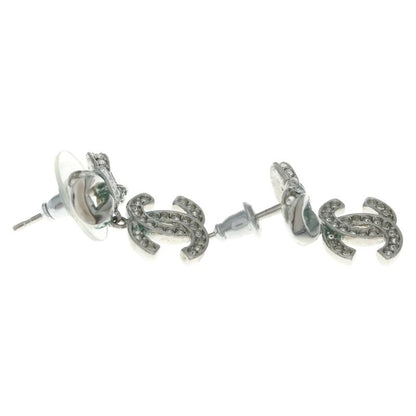 Chanel Rhinestone Ribbon CC Logo Earrings Silver