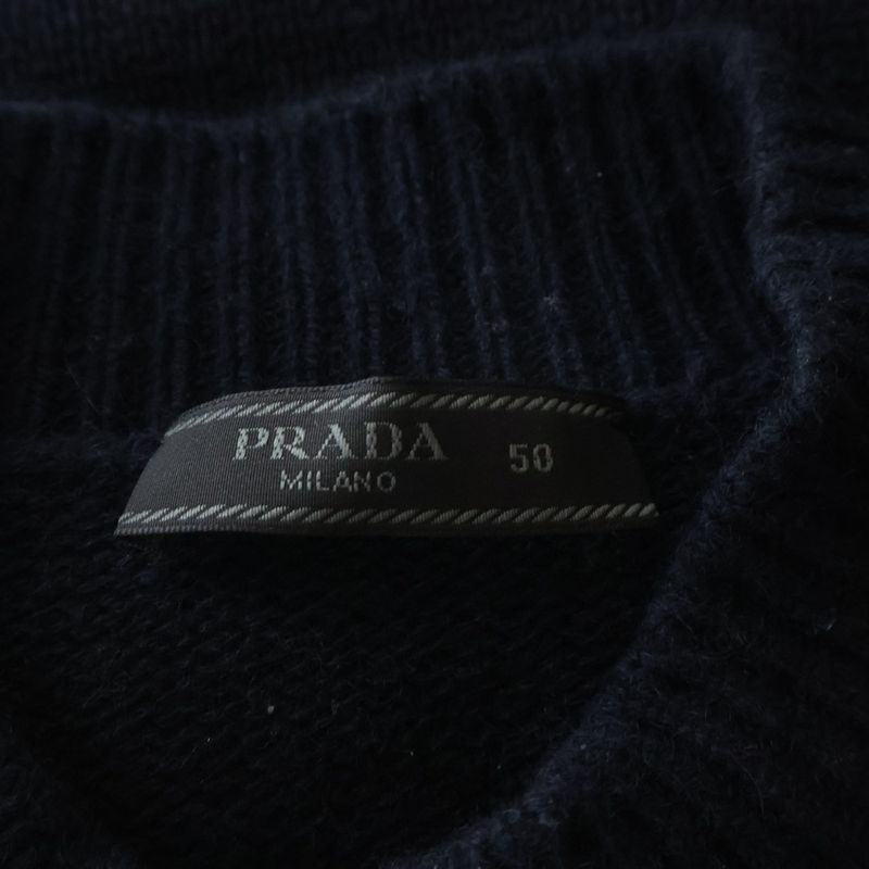 Prada Logo Embroidery Mock Neck Cashmere Knit Black Flat
