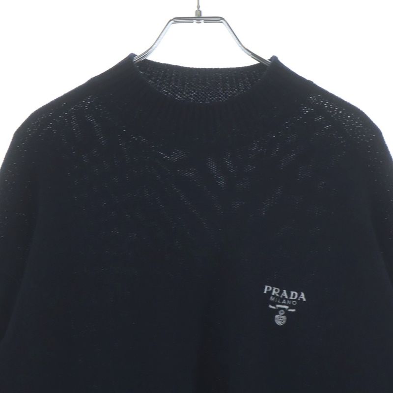Prada Logo Embroidery Mock Neck Cashmere Knit Black Flat