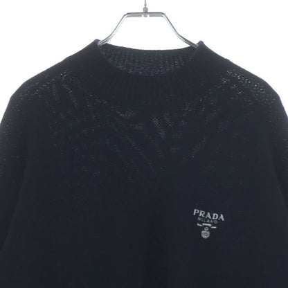 Prada Logo Embroidery Mock Neck Cashmere Knit Black Flat