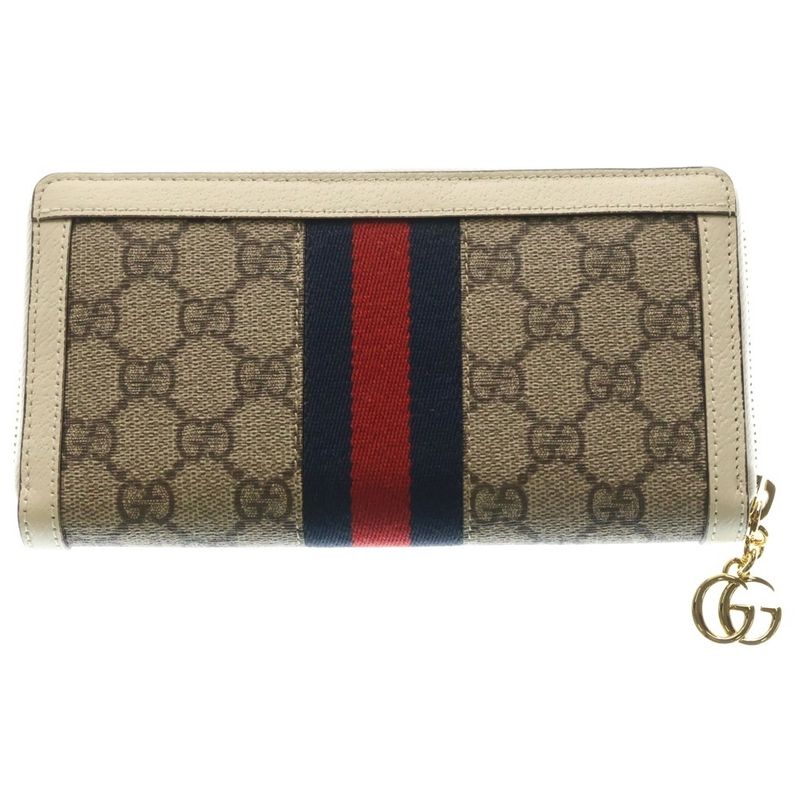 Gucci GG Supreme Wallet Card Case White Beige Leather Gold