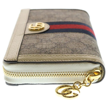 Gucci GG Supreme Wallet Card Case White Beige Leather Gold