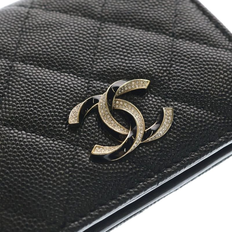 Chanel Quilted Bifold Wallet Card Case Compact Black Caviar Leather Gold