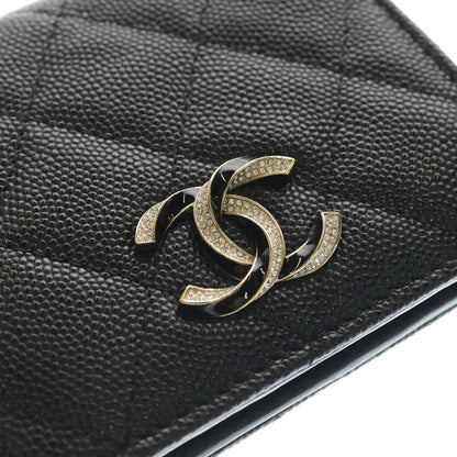 Chanel Quilted Bifold Wallet Card Case Compact Black Caviar Leather Gold