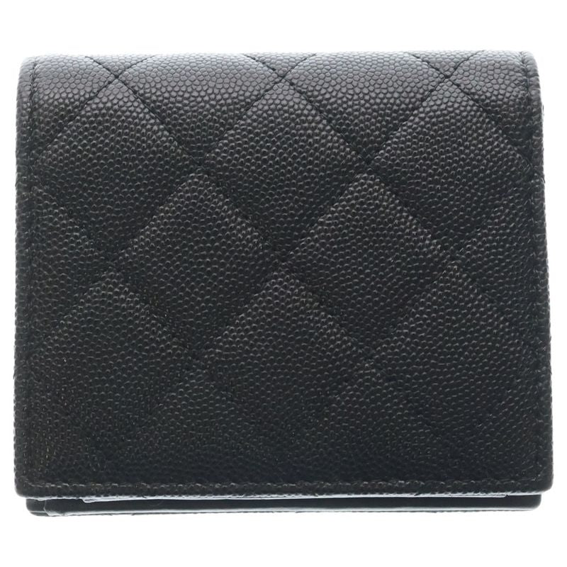 Chanel Quilted Bifold Wallet Card Case Compact Black Caviar Leather Gold