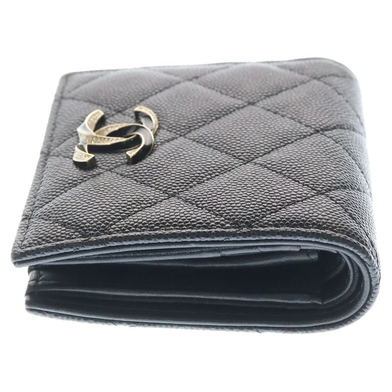Chanel Quilted Bifold Wallet Card Case Compact Black Caviar Leather Gold