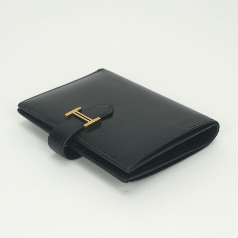 Hermes Bearn Compact Wallet Bifold Mini Box Calf Noir Black Gold