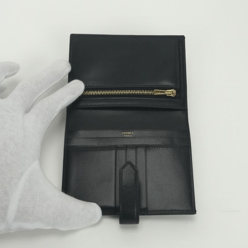 Hermes Bearn Compact Wallet Bifold Mini Box Calf Noir Black Gold