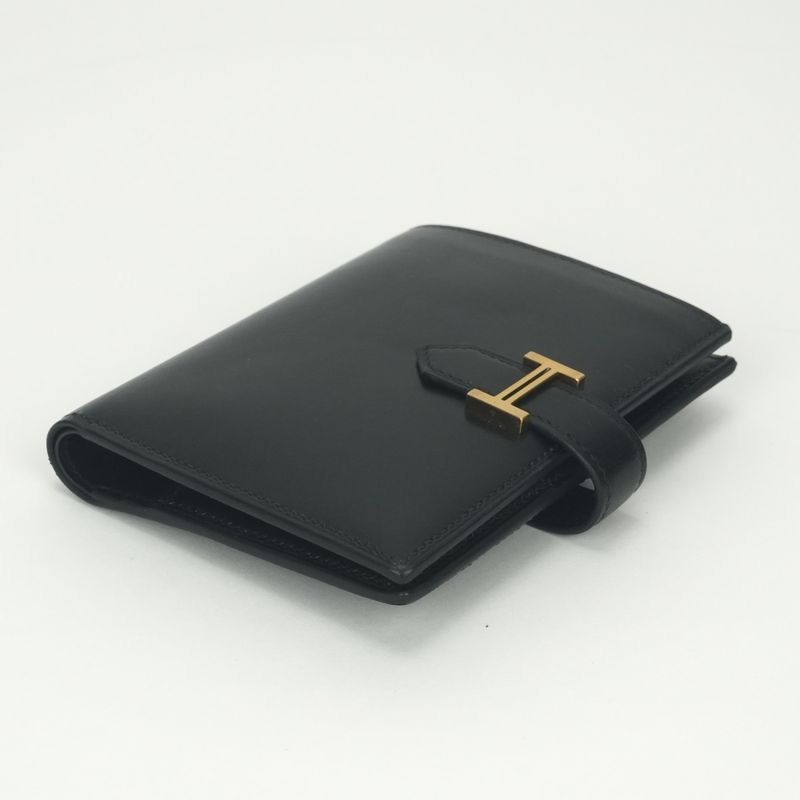 Hermes Bearn Compact Wallet Bifold Mini Box Calf Noir Black Gold