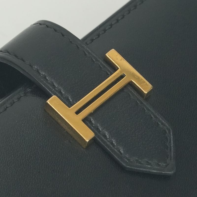 Hermes Bearn Compact Wallet Bifold Mini Box Calf Noir Black Gold