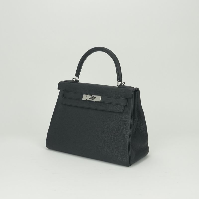 Hermes Kelly 28 Tote Shoulder Bag Togo Noir Black Silver V-shaped 2-Way