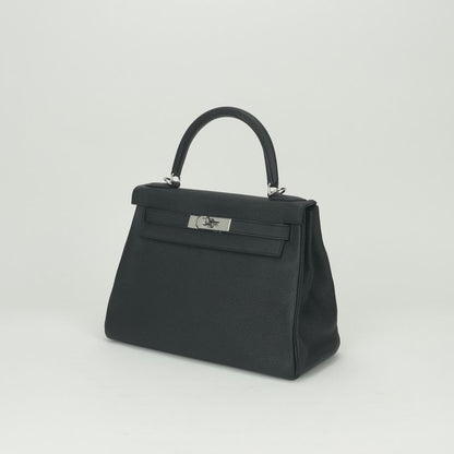 Hermes Kelly 28 Tote Shoulder Bag Togo Noir Black Silver V-shaped 2-Way