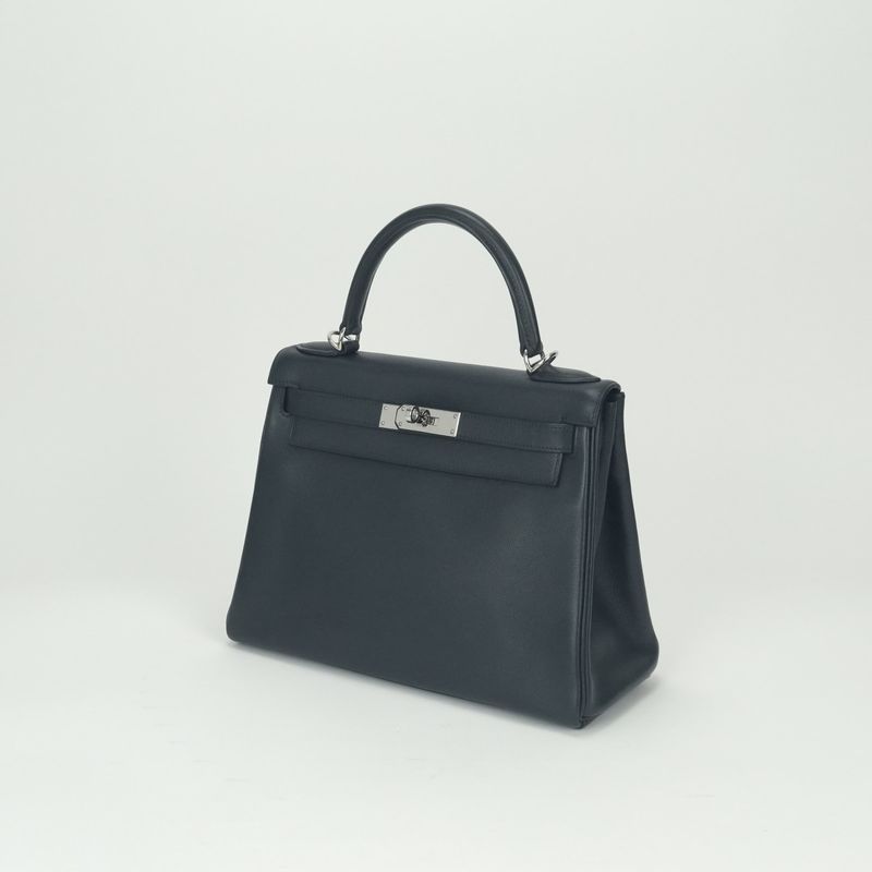 Hermes Kelly 28 Tote Shoulder Bag Grain Blue Indigo Blueindigo Silver 2-Way