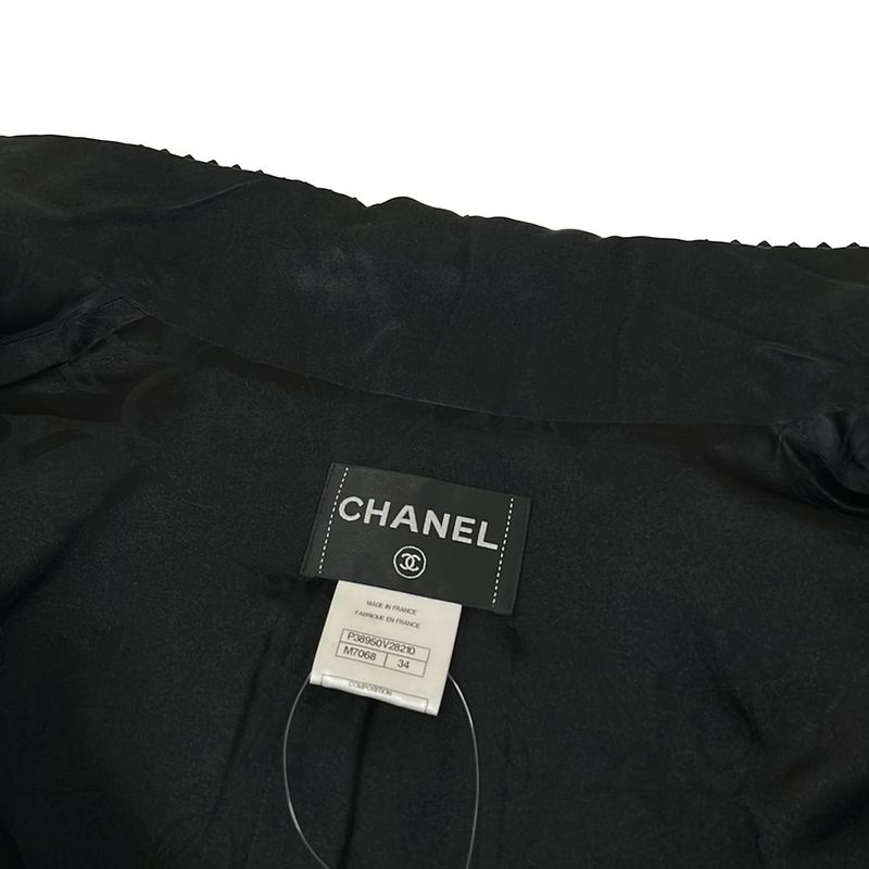 Chanel Coat 34 S Dark Gray Black Long Sleeve Leather Trim Herringbone Winter
