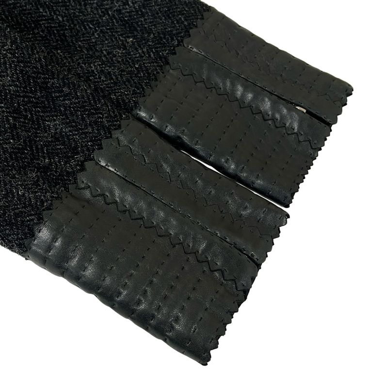 Chanel Coat 34 S Dark Gray Black Long Sleeve Leather Trim Herringbone Winter