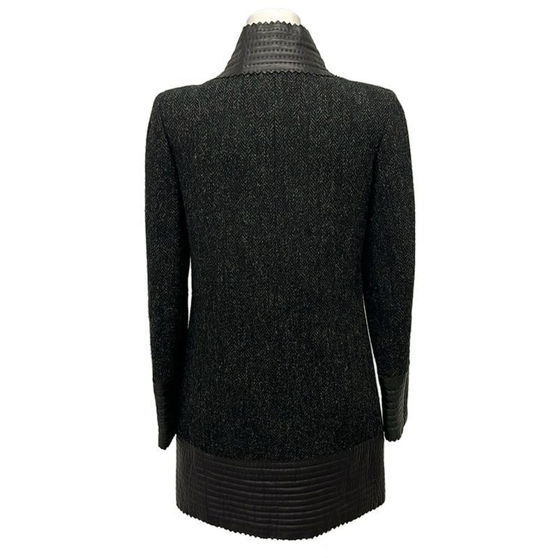 Chanel Coat 34 S Dark Gray Black Long Sleeve Leather Trim Herringbone Winter