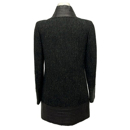 Chanel Coat 34 S Dark Gray Black Long Sleeve Leather Trim Herringbone Winter