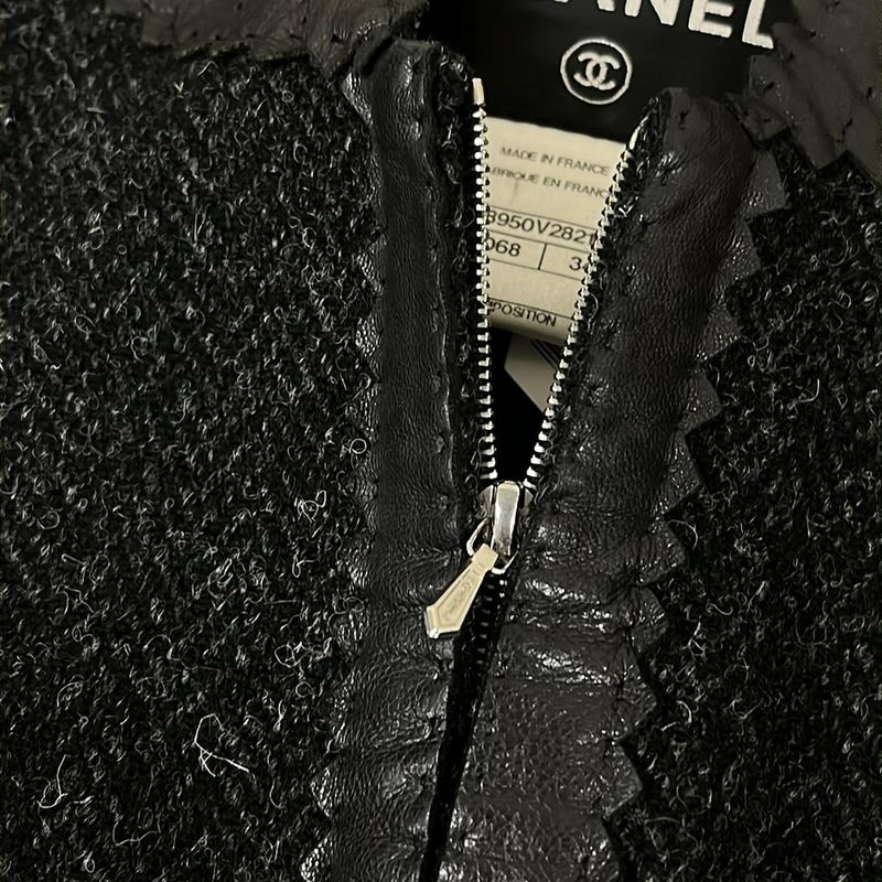 Chanel Coat 34 S Dark Gray Black Long Sleeve Leather Trim Herringbone Winter